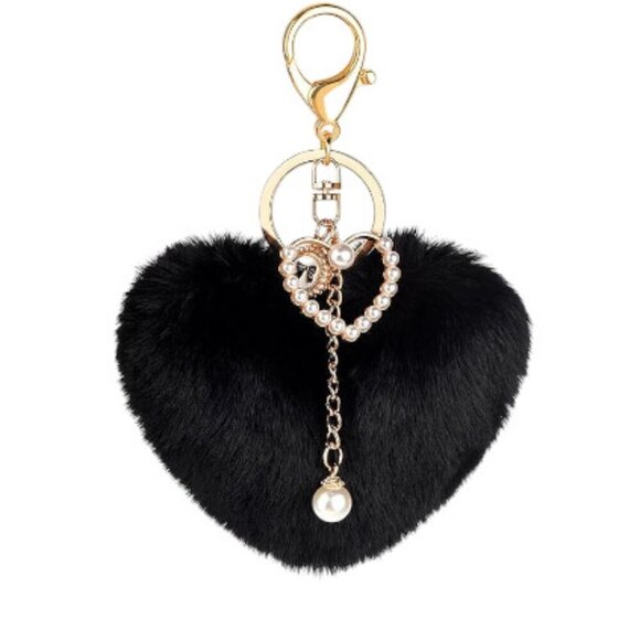 Classy Black Fur Heart Pom-Pom Pearl Accented Large Key Chain Bag Charm - Picture 4 of 6